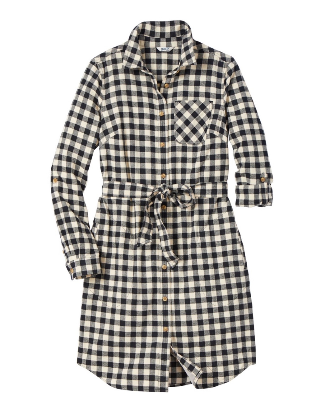 Duluth Trading Free Swingin’ Flannel Shirt Dress Black Plaid Belt Pocket M NEW!